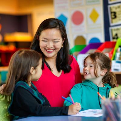 Teacher at desk with primary students