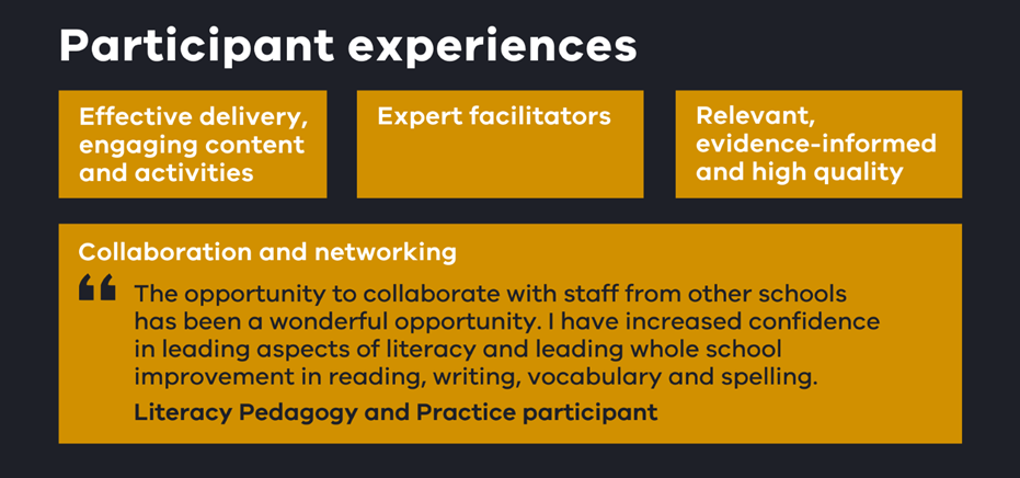 Participant experiences | Effective delivery, engaging content and activities | Expert facilitators | Relevant, evidence-informed and high quality